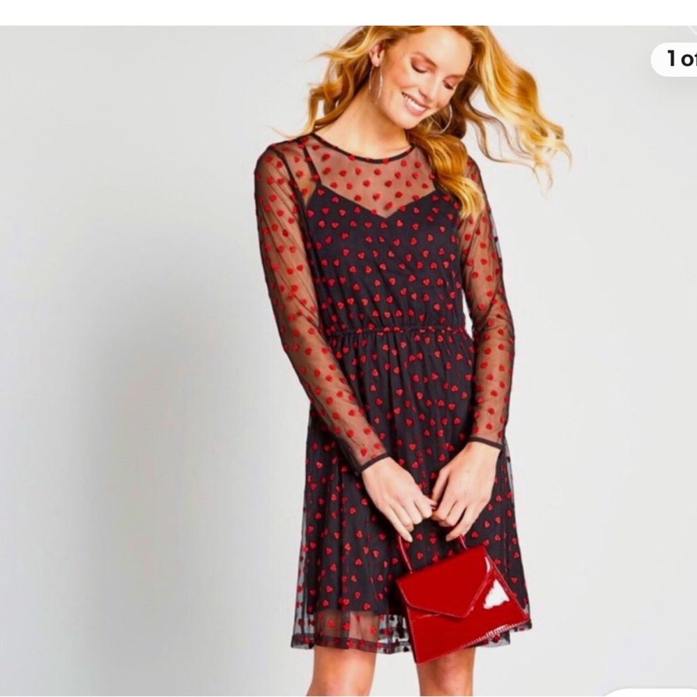 Modcloth Women’s Small Black and Red Heart Long Sleeve Sheer Dress Date Night